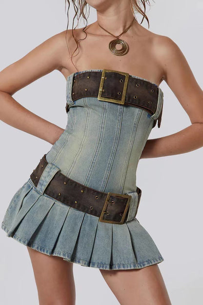 Buckle Belt Strapless Denim Mini Dress-Luxandluxy