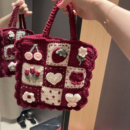 Burgundy Granny Square Handbag-Luxandluxy