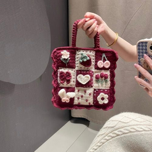 Burgundy Granny Square Handbag-Luxandluxy