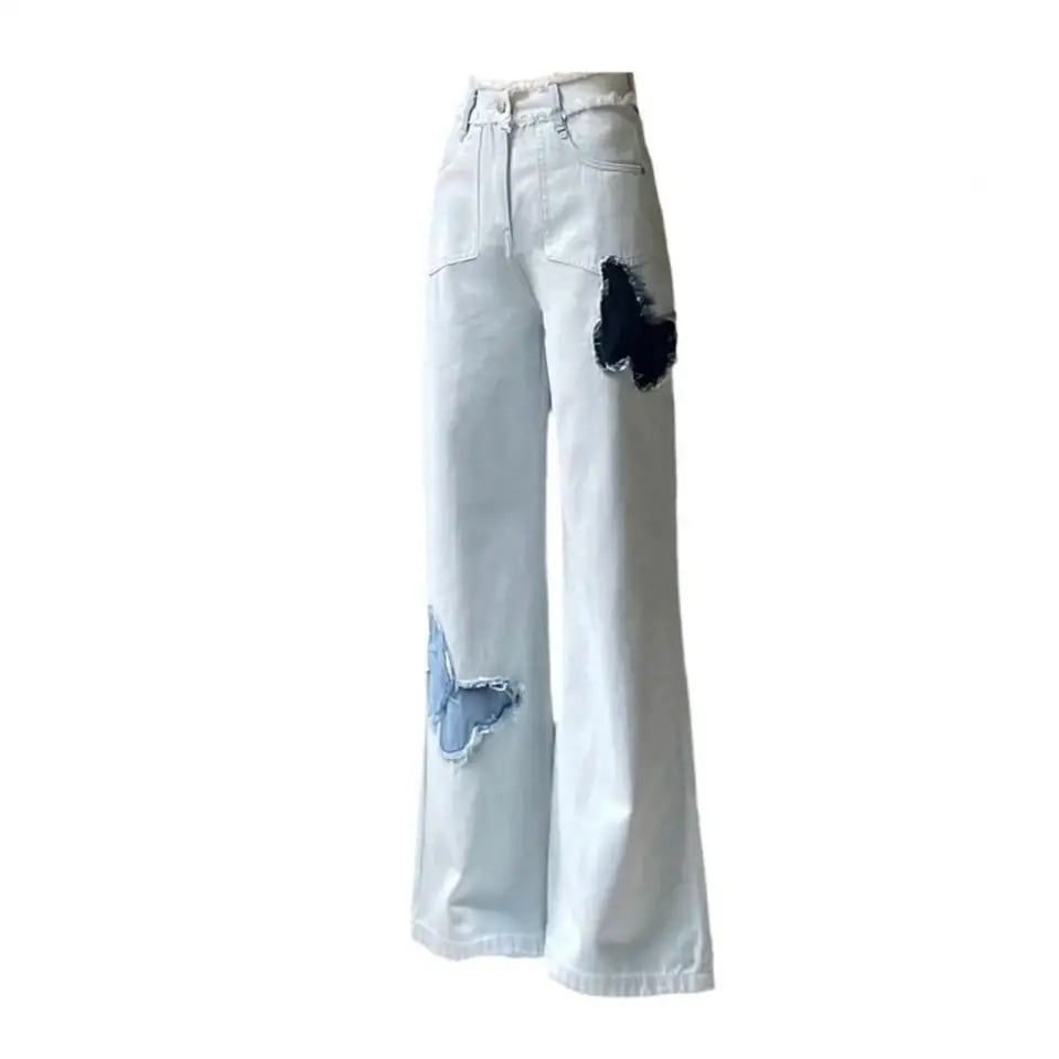 Butterfly Patch Wide Leg Jeans-Luxandluxy