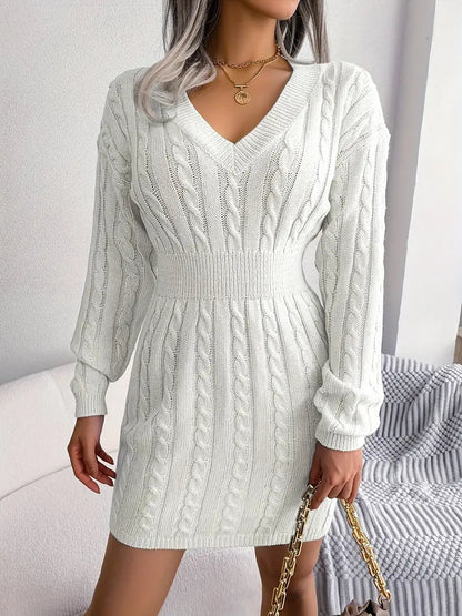 Cable Knit V Neck Sweater Dress-Luxandluxy