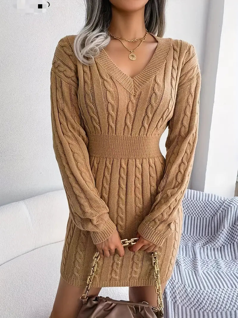 Cable Knit V Neck Sweater Dress-Luxandluxy