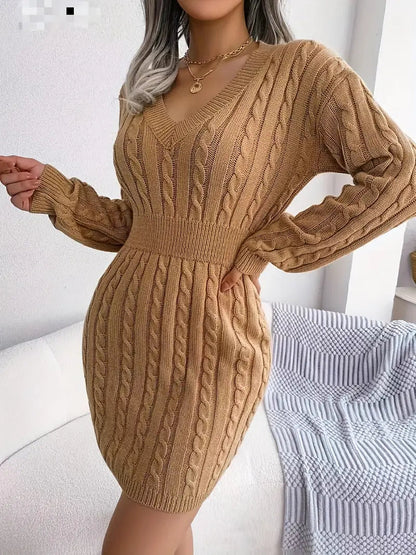 Cable Knit V Neck Sweater Dress-Luxandluxy