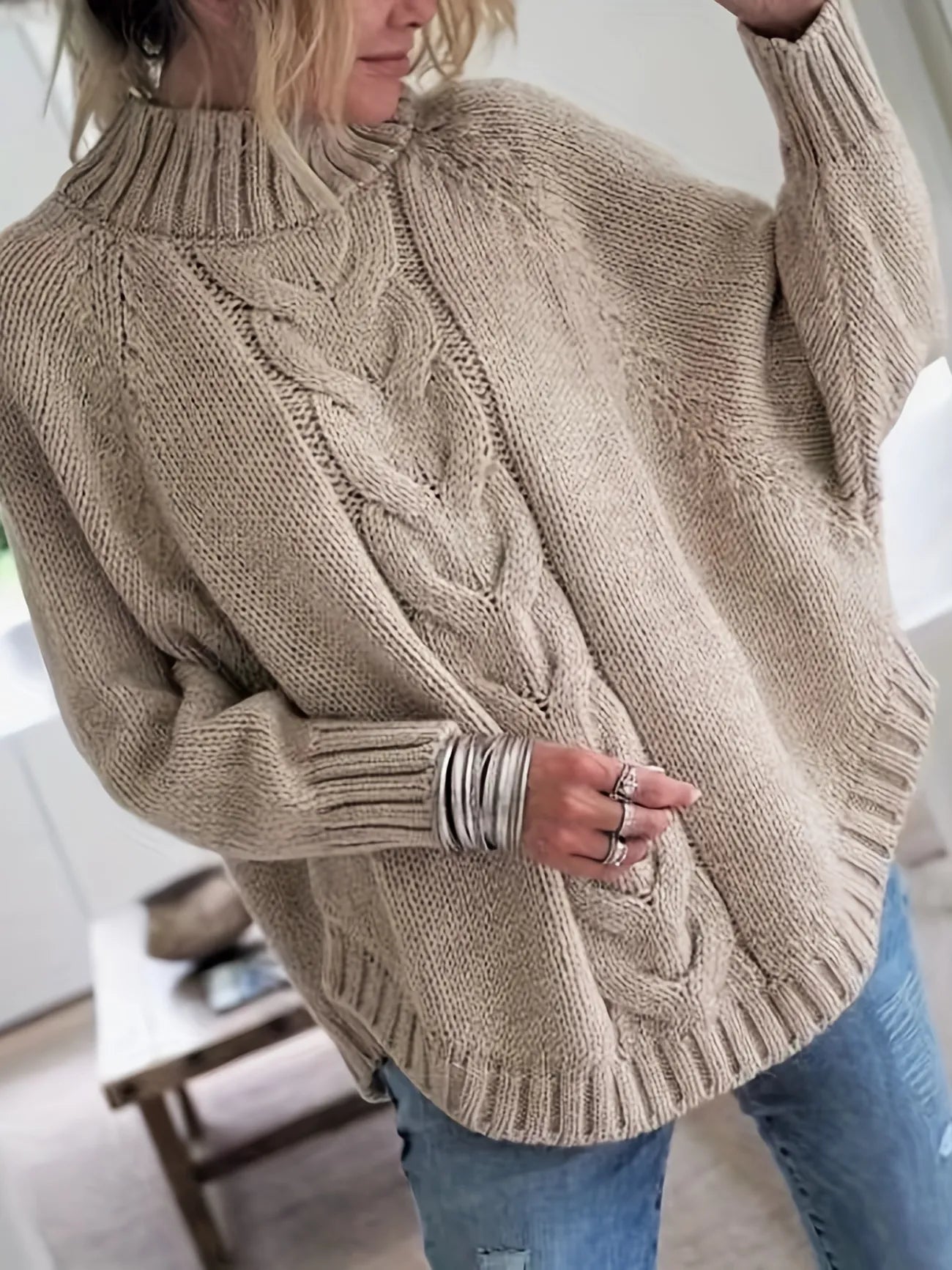 Cable Mock Neck Vintage Sweater-Luxandluxy