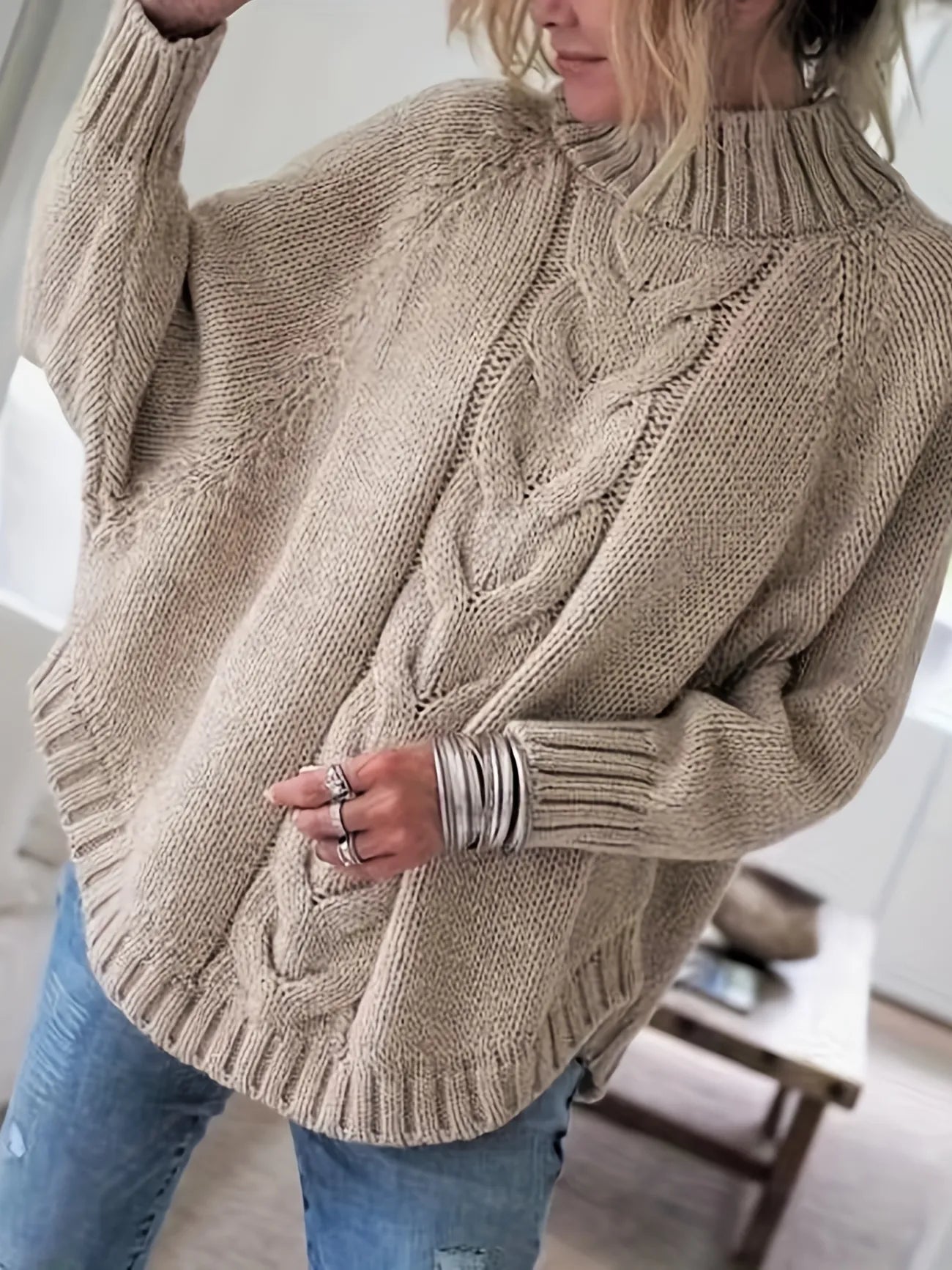 Cable Mock Neck Vintage Sweater-Luxandluxy