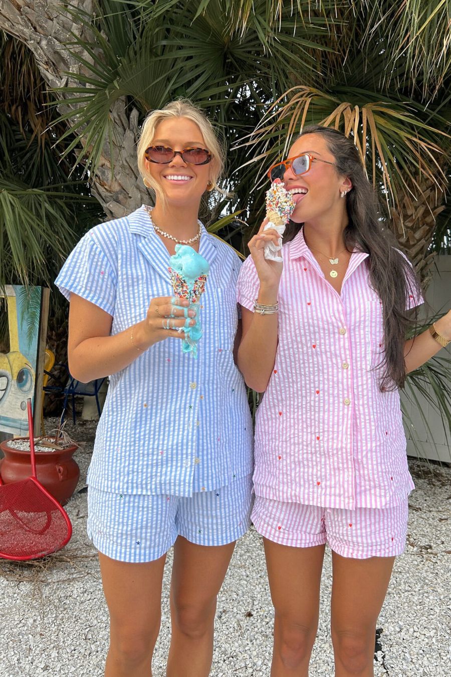 Candy Stripe Seersucker Top & Shorts Pajama Set-Luxandluxy