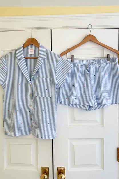 Candy Stripe Seersucker Top & Shorts Pajama Set-Luxandluxy