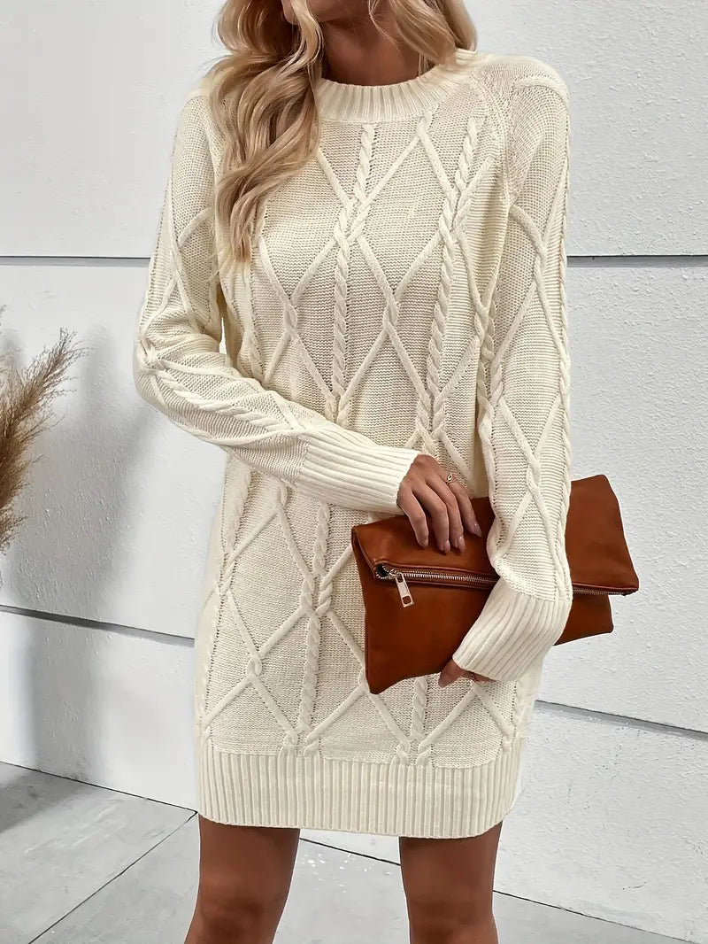 Casual Crewneck Solid Color Knit Sweater Dress-Luxandluxy