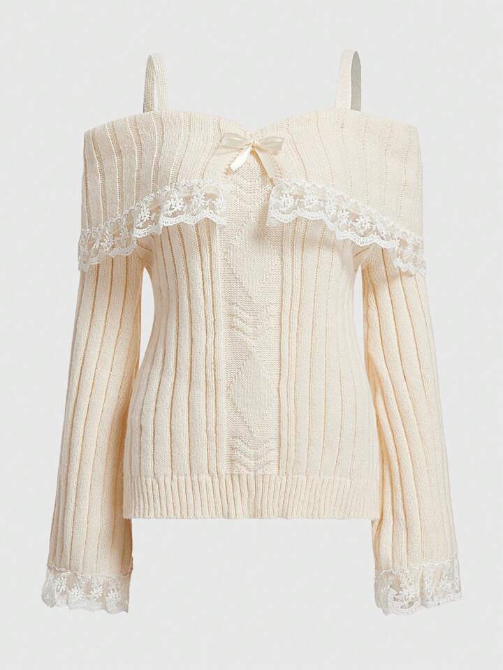 Cold Shoulder Lace Trim Knit Sweater – Luxandluxy