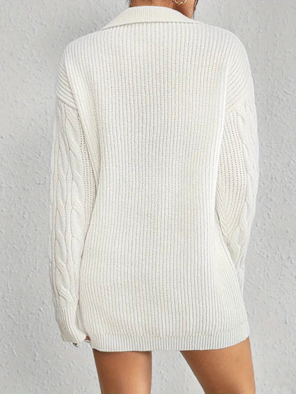 Collar Neck Cable Knit Sweater Dress-Luxandluxy