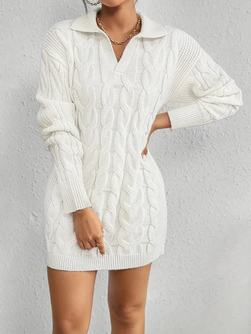 Collar Neck Cable Knit Sweater Dress-Luxandluxy