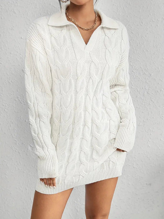 Collar Neck Cable Knit Sweater Dress-Luxandluxy