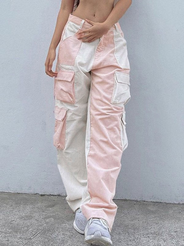 Corduroy Color Contrast Cargo Pants-Luxandluxy