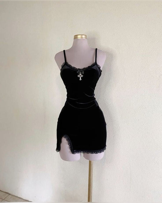 Crucifix Velvet Gothic Mini Dress-Luxandluxy