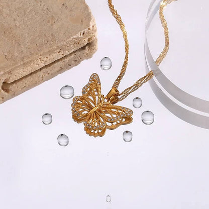 Dainty Butterfly Gold Zircon Necklace-Luxandluxy