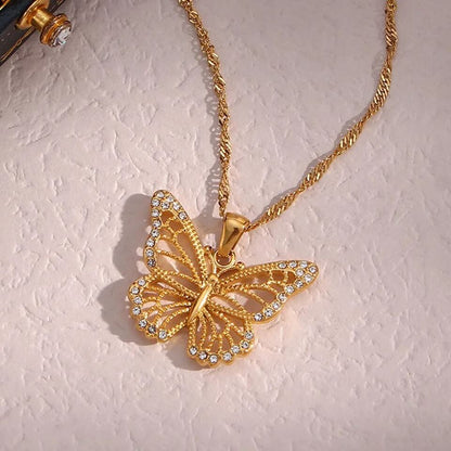 Dainty Butterfly Gold Zircon Necklace-Luxandluxy