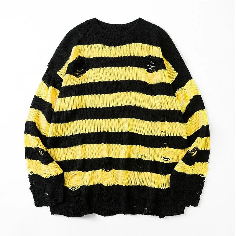 Distressed Striped Grunge Knit Sweater-Luxandluxy