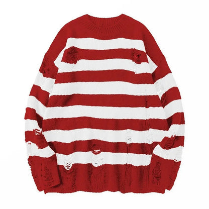 Distressed Striped Grunge Knit Sweater-Luxandluxy