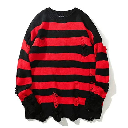 Distressed Striped Grunge Knit Sweater-Luxandluxy