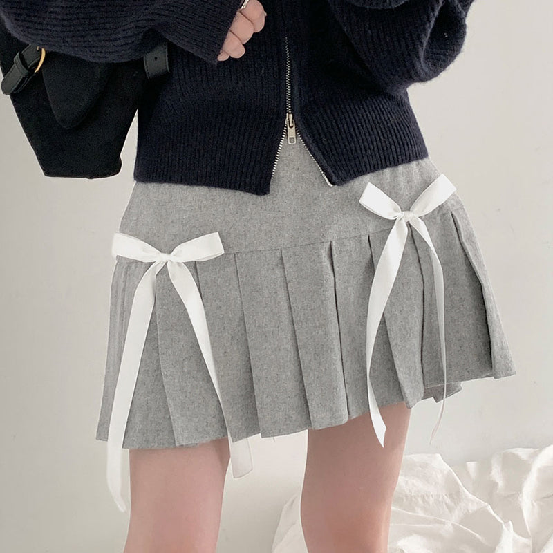 Double Bow Pleated Mini Skirt-Luxandluxy