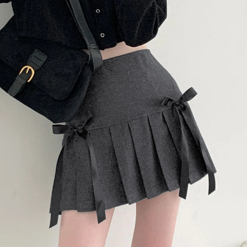 Double Bow Pleated Mini Skirt-Luxandluxy