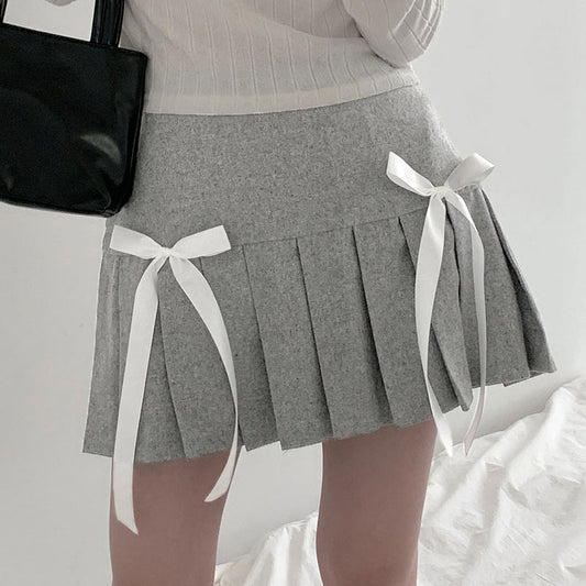 Double Bow Pleated Mini Skirt-Luxandluxy