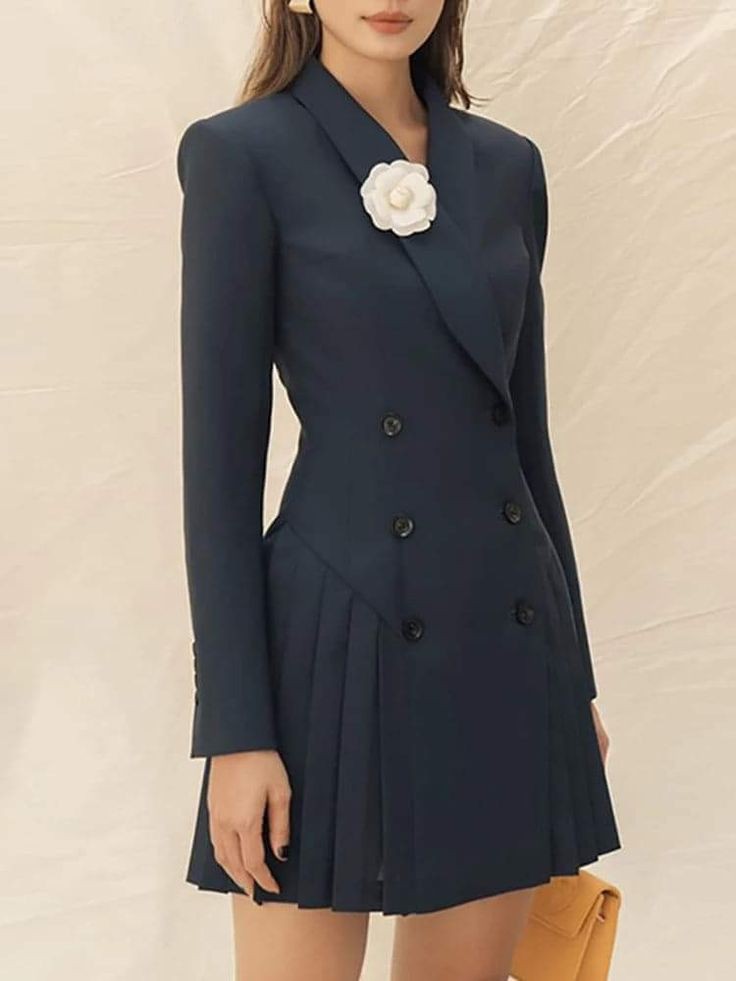 Double Breasted Pleated Hem Blazer Dress-Luxandluxy