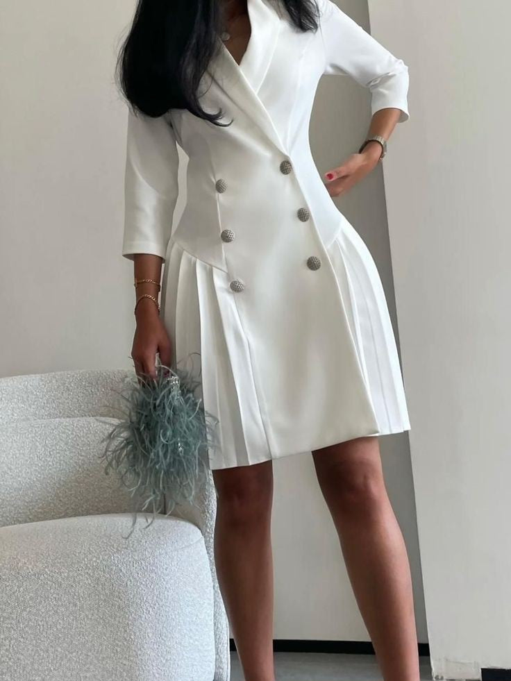 Double Breasted Pleated Hem Blazer Dress-Luxandluxy