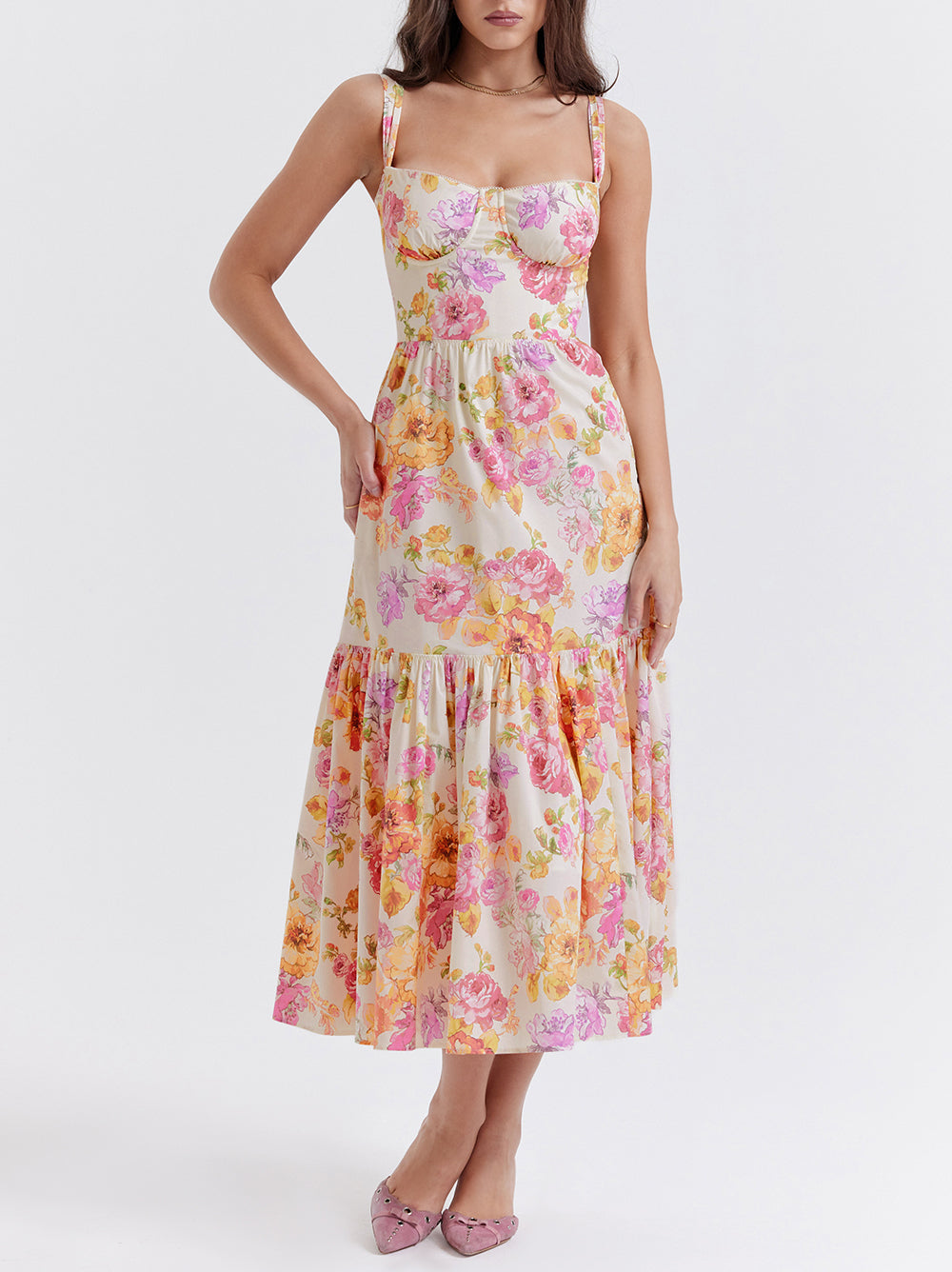 Elia Ivory Floral Midi Dress-Luxandluxy