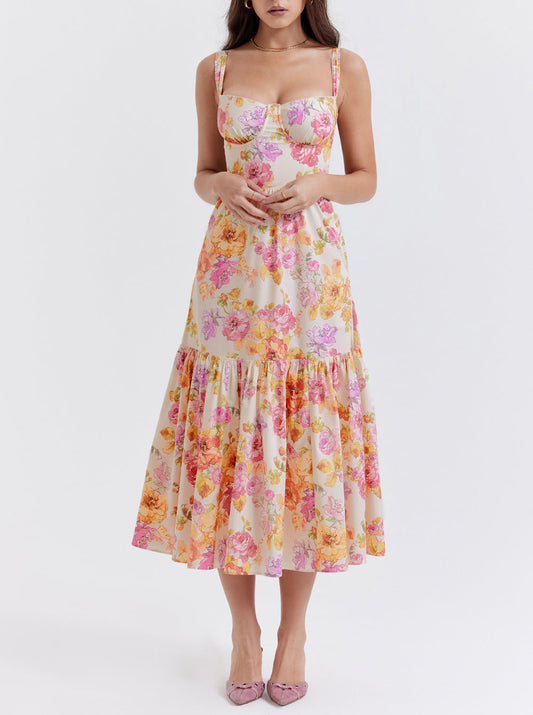 Elia Ivory Floral Midi Dress-Luxandluxy