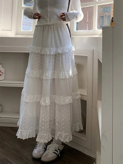 Eyelet Lace Tiered High-Waist Maxi Skirt-Luxandluxy