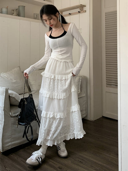 Eyelet Lace Tiered High-Waist Maxi Skirt-Luxandluxy