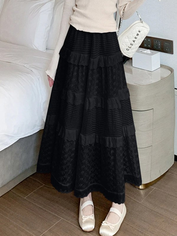 Eyelet Lace Tiered High-Waist Maxi Skirt-Luxandluxy