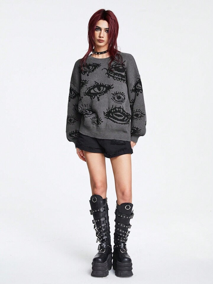 Eyes Pattern Oversize Knit Sweater-Luxandluxy