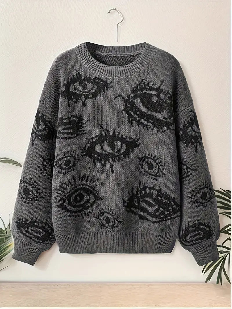 Eyes Pattern Oversize Knit Sweater-Luxandluxy