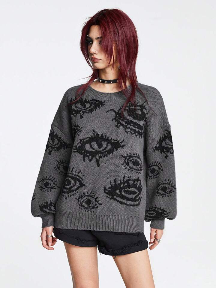 Eyes Pattern Oversize Knit Sweater-Luxandluxy