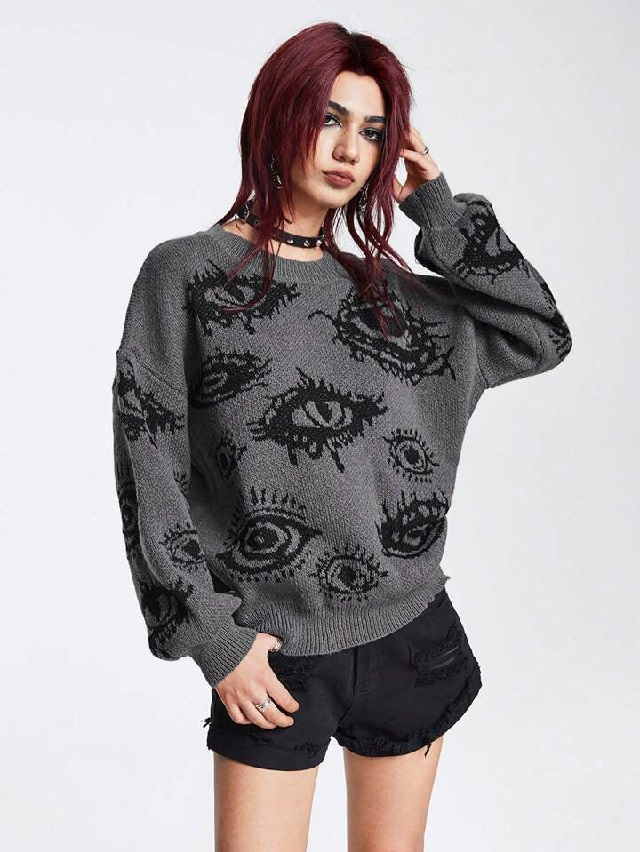 Eyes Pattern Oversize Knit Sweater-Luxandluxy