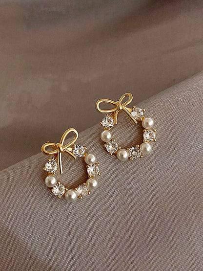 Faux Pearl And Rhinestone Earrings-Luxandluxy