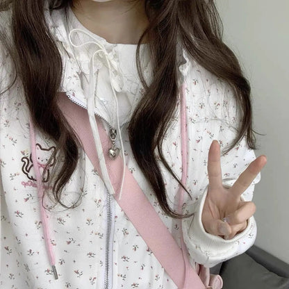 Floral Print Kitty Lace-Trimmed Hoodie