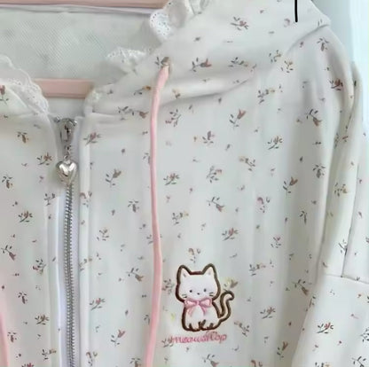 Floral Print Kitty Lace-Trimmed Hoodie