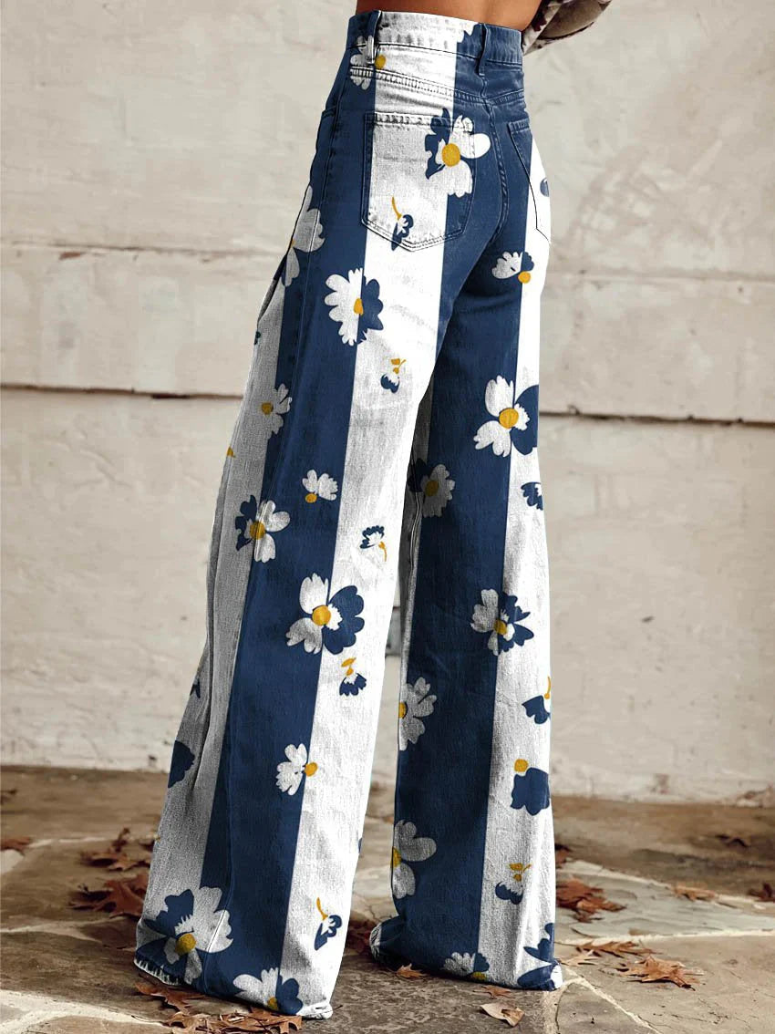 Floral Print Color Contrast Wide Leg Jeans-Luxandluxy