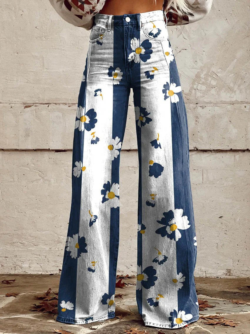 Floral Print Color Contrast Wide Leg Jeans-Luxandluxy