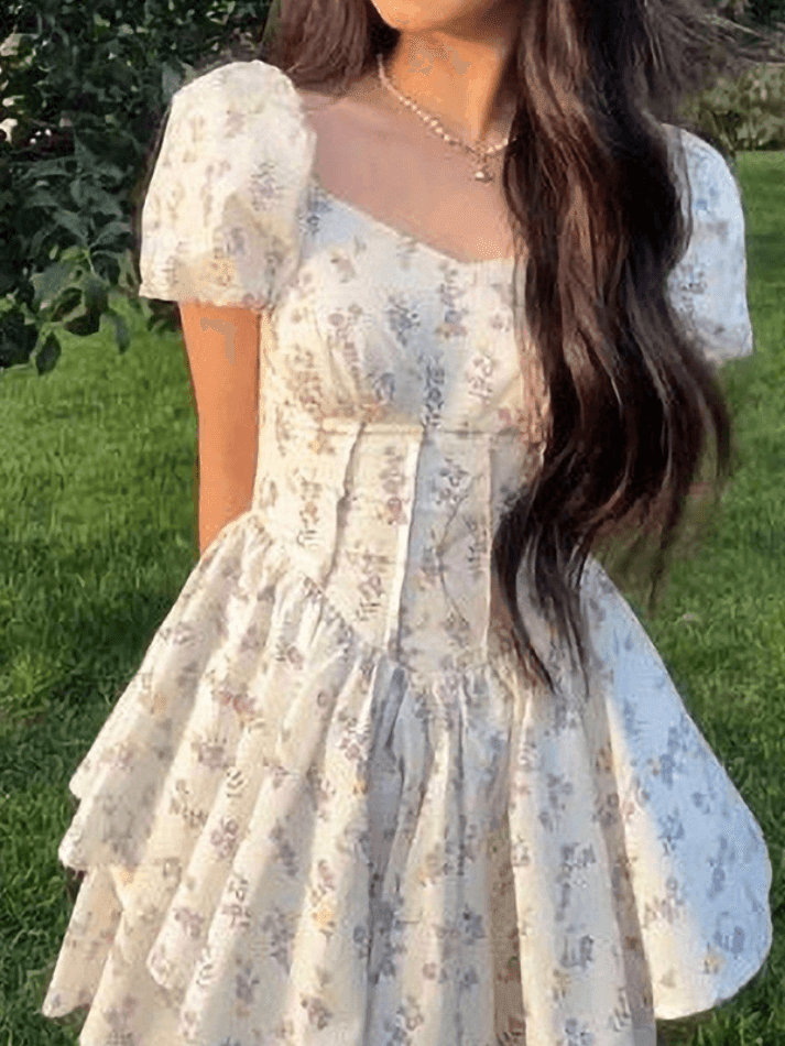 Floral Puff Sleeve Corset Tiered Mini Dress-Luxandluxy