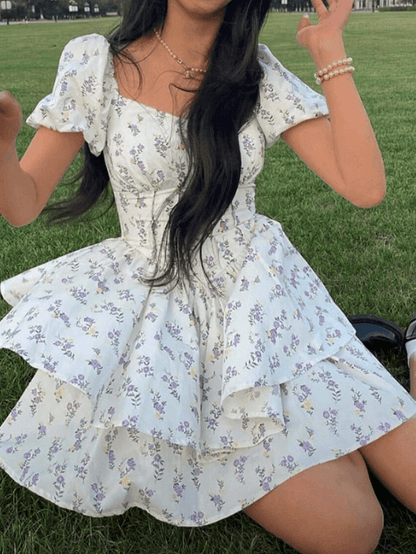 Floral Puff Sleeve Corset Tiered Mini Dress-Luxandluxy