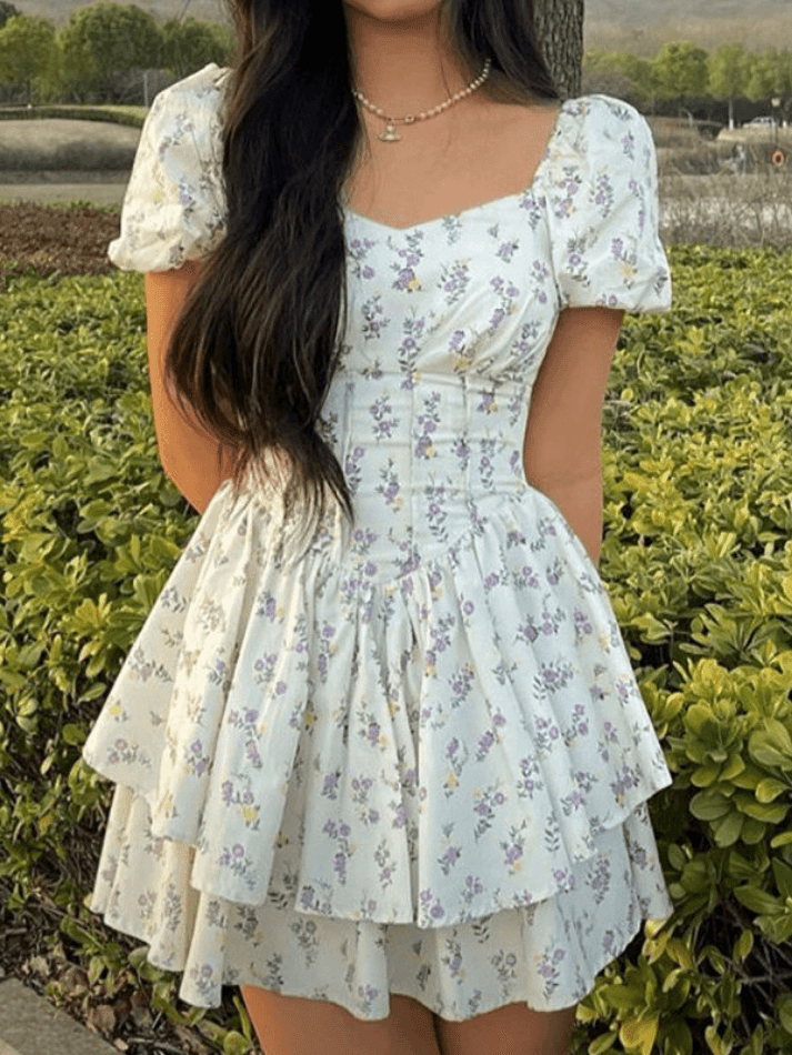 Floral Puff Sleeve Corset Tiered Mini Dress-Luxandluxy