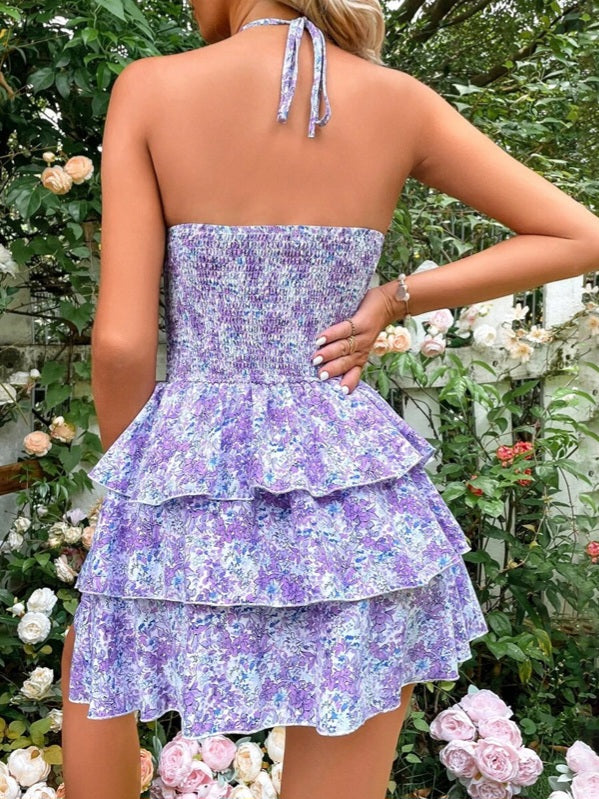 Floral Smocked Bust Cut-Out Layered Dress-Luxandluxy