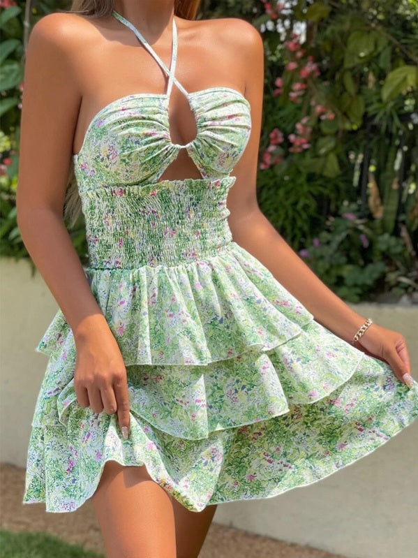 Floral Smocked Bust Cut-Out Layered Dress-Luxandluxy