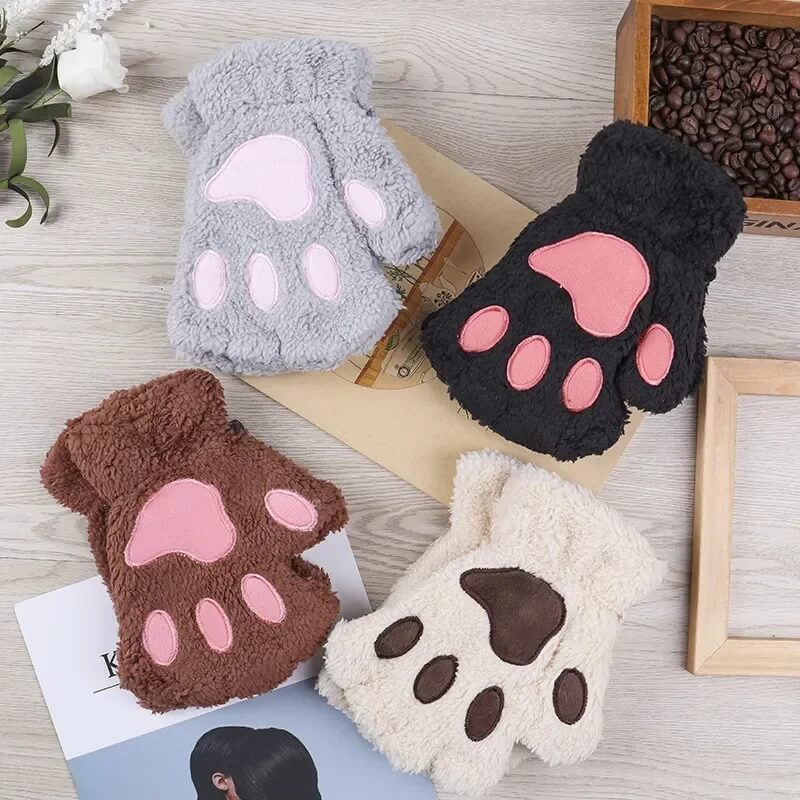 Fluffy Cat Paw Fingerless Gloves-Luxandluxy