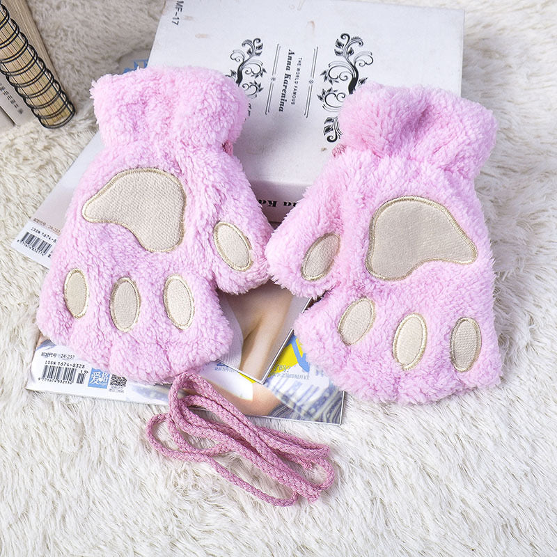 Fluffy Cat Paw Fingerless Gloves-Luxandluxy