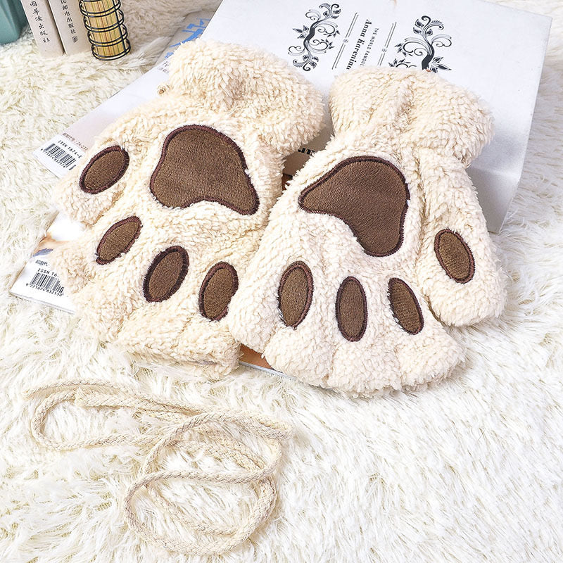 Fluffy Cat Paw Fingerless Gloves-Luxandluxy